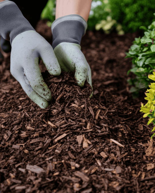 Mulch being applied to a garden bed